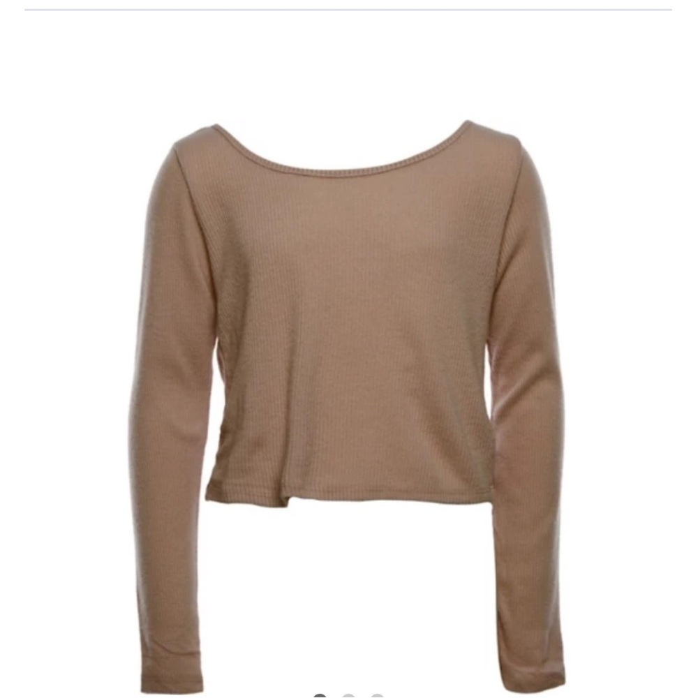 POOF GIRL long sleeve ribbed crop top Size M Warm Taupe soft stretchy tie back - Picture 10 of 12